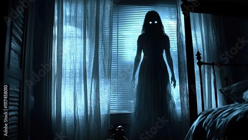 Spooky ghost woman standing in front of a window