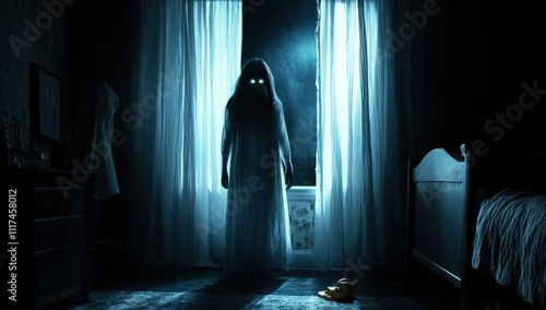 Spooky ghost woman standing in front of a window