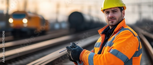 A close-up portrait of a railway worker in a high-visibility jacket and hard hat, holding a wrench with railway tracks and maintenance vehicles in the background, Railway maintenance scene photo