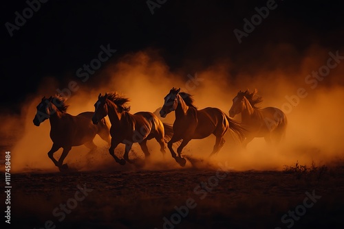 Horses run fast in dark backgound in sandy field,