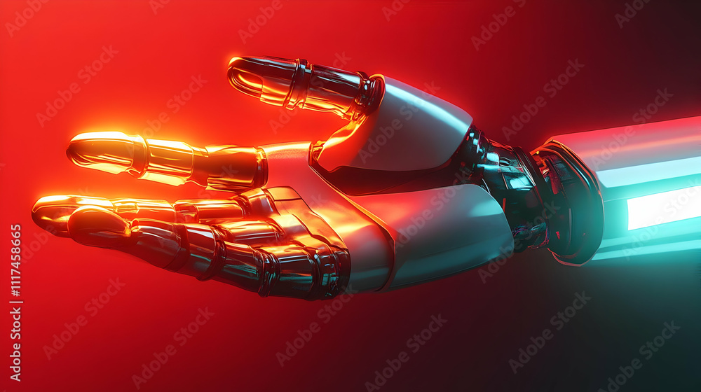 Robotic Hand 3D Render, Red and Teal Lights Robotic Hand 3D Render, Red and Teal Lights