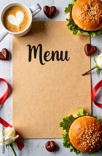 Menu featuring delicious burgers, coffee, and elegant decorations for a special dining experience photo