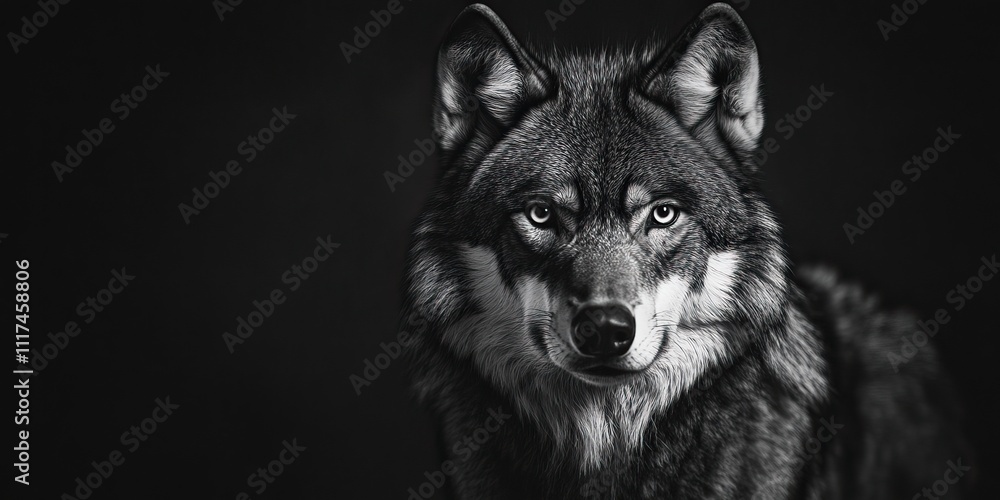 Close-up of a wolf's head in black and white Close-up of a wolf's head in black and white