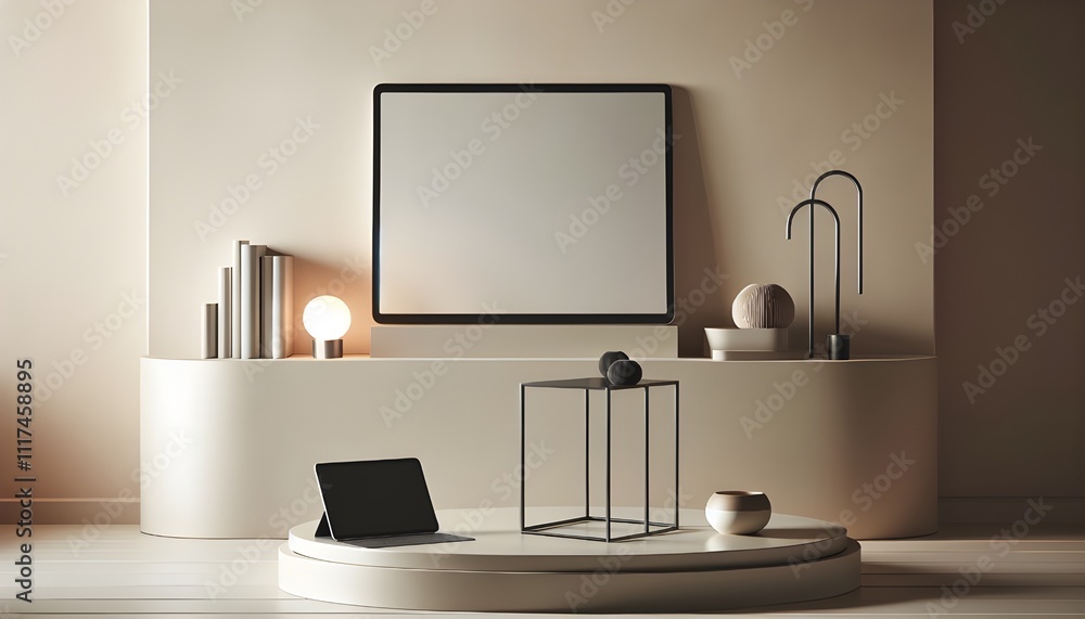 Minimalist Living Room with Curved Shelf and Abstract Decor Minimalist Living Room with Curved Shelf and Abstract Decor