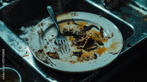 A close-up of a dirty plate with dried food and utensils placed in a sink under dim lighting photo