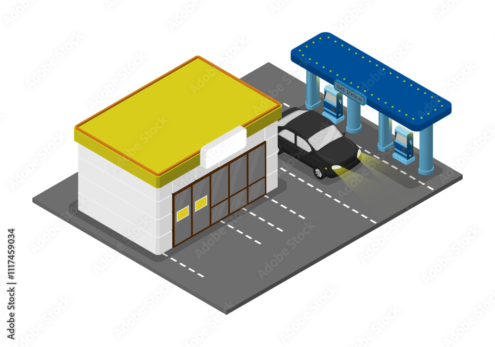 Gas station platform with maintenance service. Passenger car refueling at gas station. Use of minerals as fuel. Isometric 3d vector isolated on white background Gas station platform with maintenance service. Passenger car refueling at gas station. Use of minerals as fuel. Isometric 3d vector isolated on white background