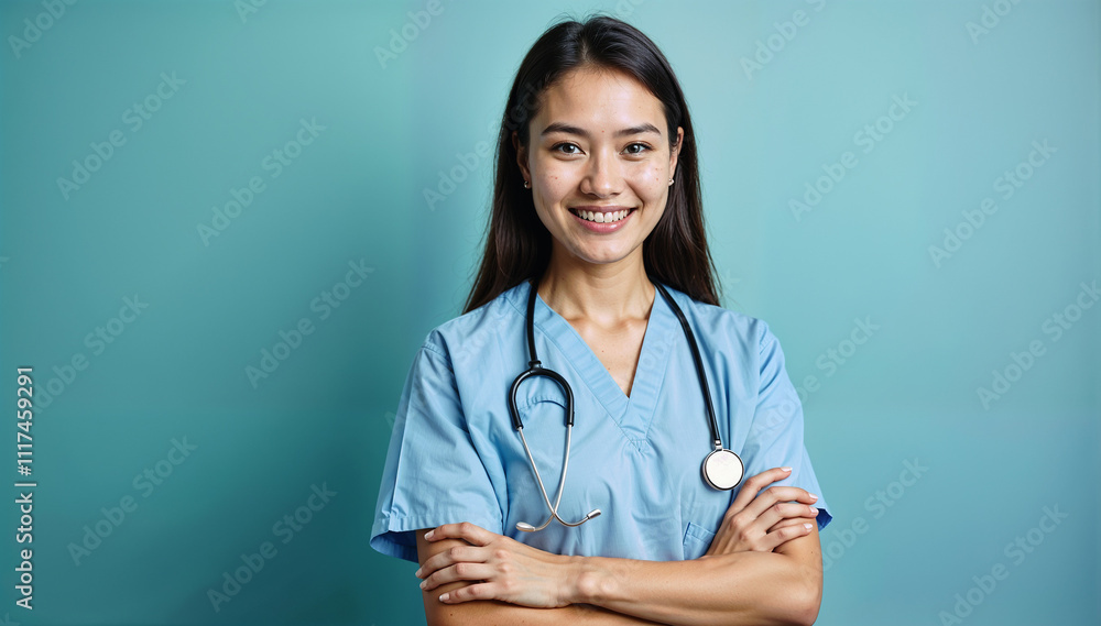 Portrait of young Asian female doctor with stethoscope on blue background Portrait of young Asian female doctor with stethoscope on blue background