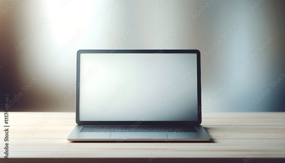 Fototapeta premium Silver Laptop with Blank Screen on Wooden Table Against Gradient Background