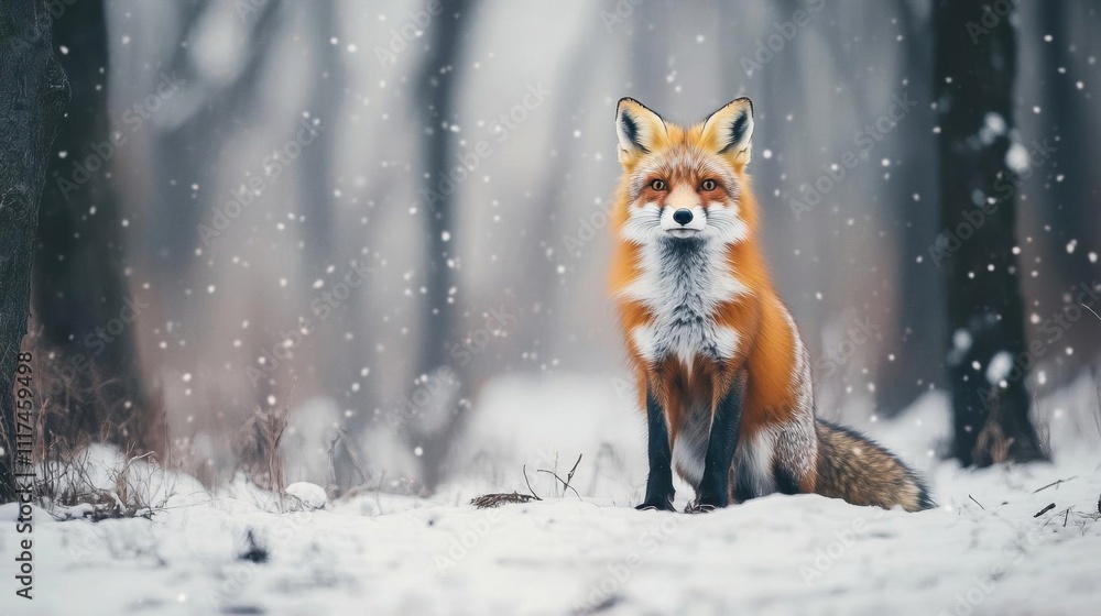 Fototapeta premium A majestic fox sits in a snowy forest, surrounded by falling snowflakes.