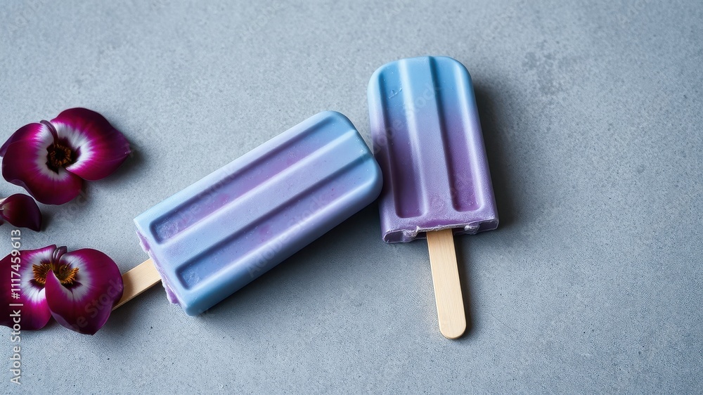 Two Purple and Blue Popsicles on a Gray Background with Purple Flowers Two Purple and Blue Popsicles on a Gray Background with Purple Flowers
