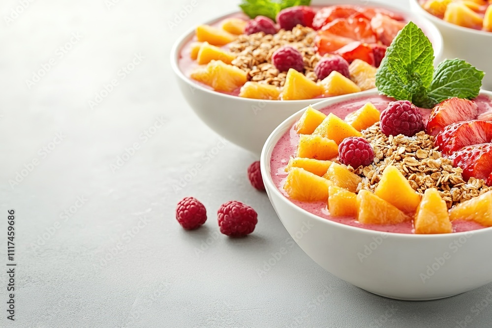 colorful smoothie bowls with fruits and granola arranged on light background symbolizing vegan nutrition for veganuary colorful smoothie bowls with fruits and granola arranged on light background symbolizing vegan nutrition for veganuary