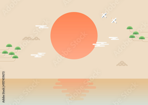 Korean traditional illustration of the sun rising over the sea.