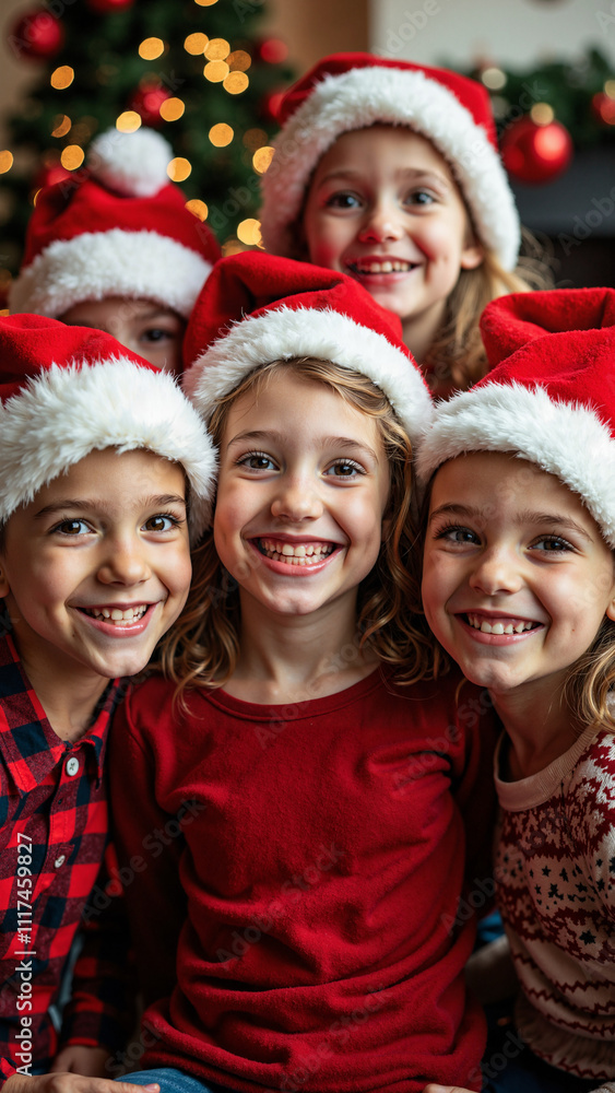Joyful Children in Santa Hats: Festive Holiday Scene for Christmas Marketing and Family-Oriented Campaigns Joyful Children in Santa Hats: Festive Holiday Scene for Christmas Marketing and Family-Oriented Campaigns