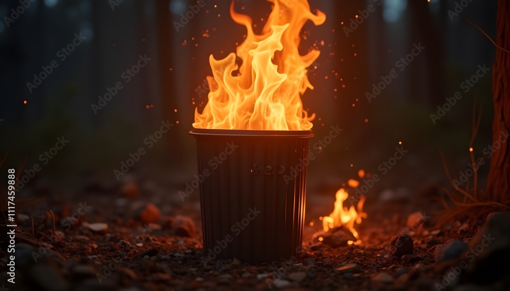 Obraz premium Burning Trash Can in the Dark Forest