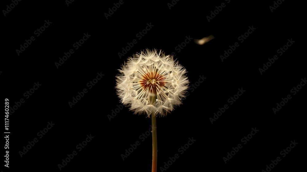 A single dandelion seed head with delicate white fluff on a black background, ready to release its seeds and spread life A single dandelion seed head with delicate white fluff on a black background, ready to release its seeds and spread life