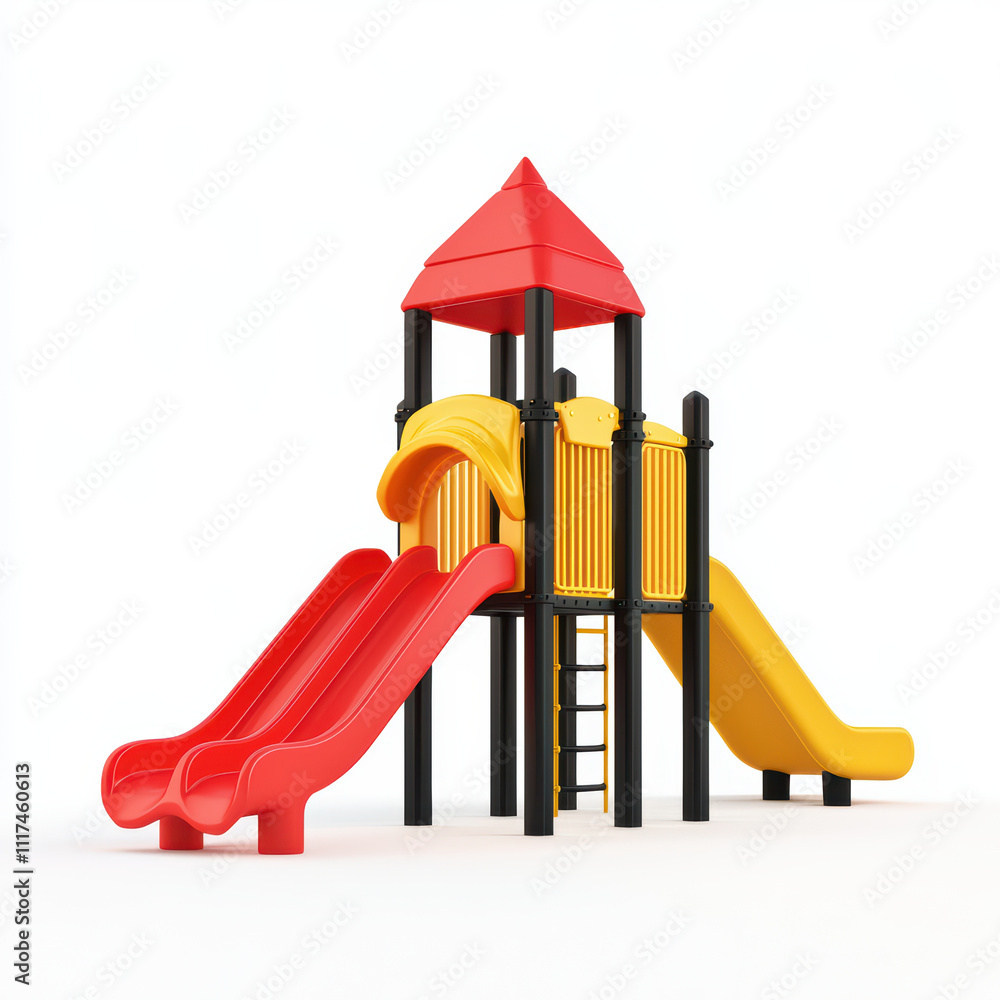 Playground structure featuring red and yellow slides, perfect for kids fun Playground structure featuring red and yellow slides, perfect for kids fun