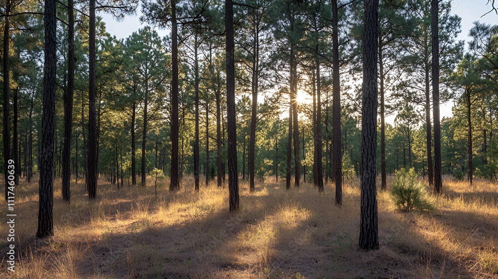 Obraz premium Sunlit Pine Forest at Sunset: Golden Hour in a Coniferous Wood