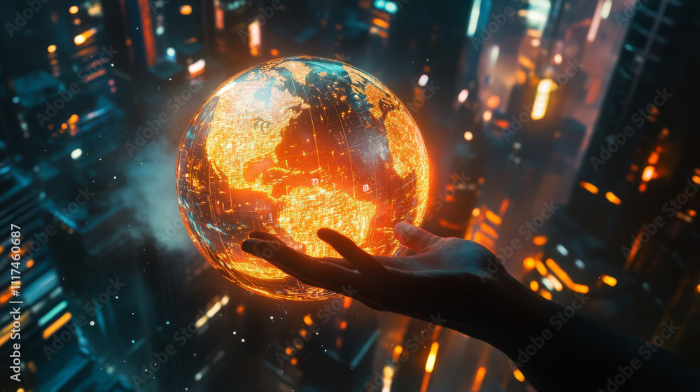 Fototapeta premium Close up of male hands pointing at glowing globe hologram on blurry night city background. World map, connect and earth concept. Double exposure