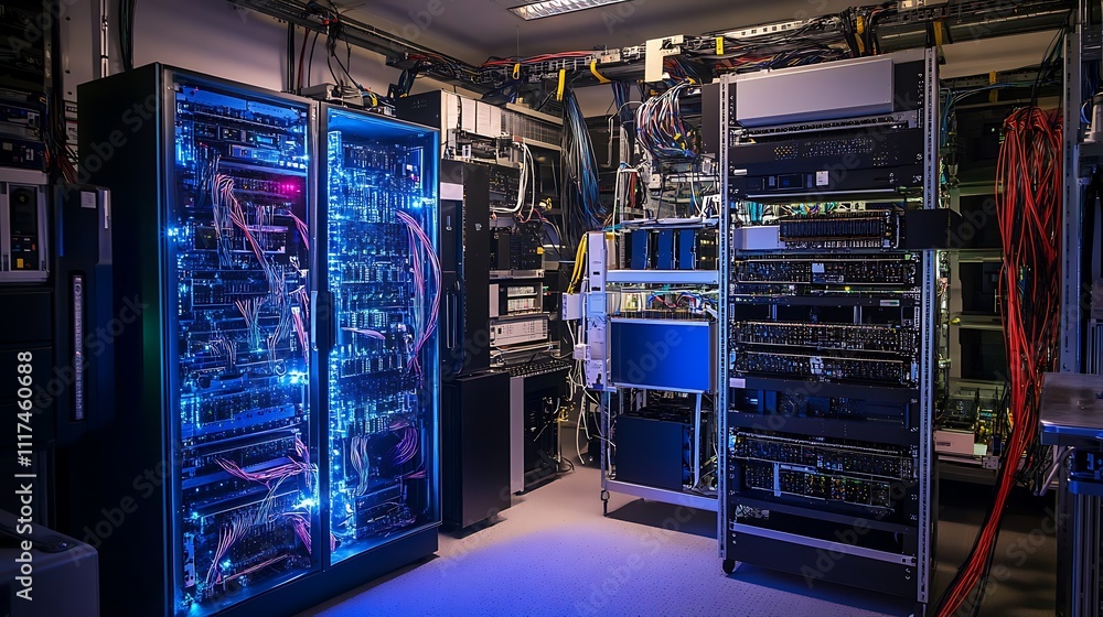Data center interior with network servers and cables. Data center interior with network servers and cables.