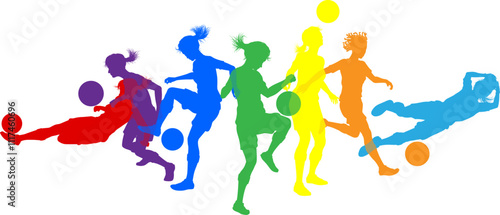 Silhouette women soccer female football player set. Active sports people healthy players fitness silhouettes concept.