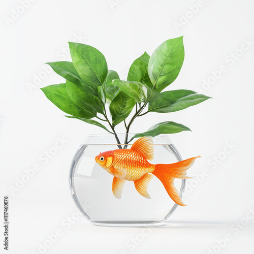 vibrant goldfish swimming in clear glass aquarium with lush green leaves, creating serene and lively atmosphere photo