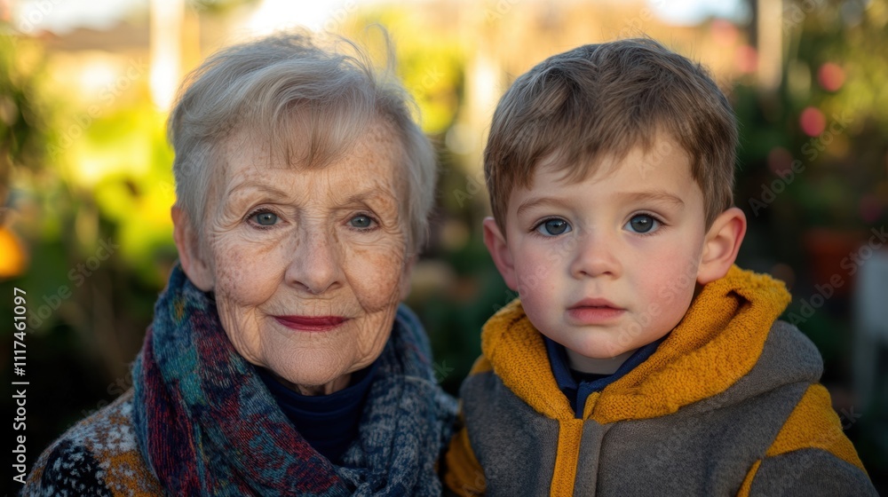 A warm portrait of a grandmother and her young grandson, enjoying quality time together in a garden setting. A warm portrait of a grandmother and her young grandson, enjoying quality time together in a garden setting.