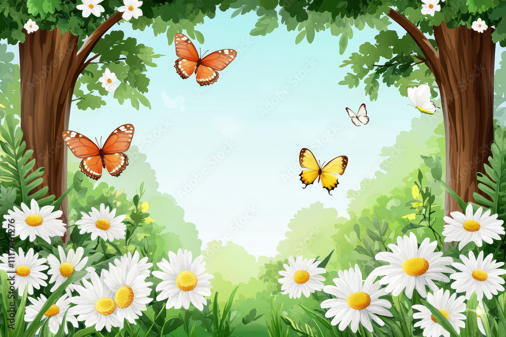 cheerful garden scene with daisies and colorful butterflies, creating vibrant atmosphere cheerful garden scene with daisies and colorful butterflies, creating vibrant atmosphere