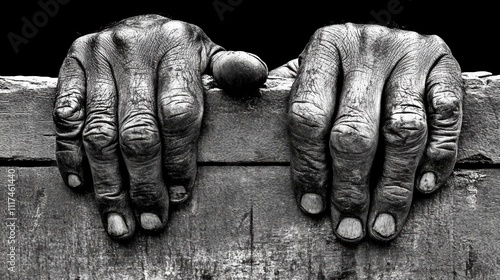 Wallpaper Mural Close-up grayscale image of two weathered, work-worn hands resting on a rough-hewn wooden surface, showcasing deep wrinkles and calluses.. Torontodigital.ca