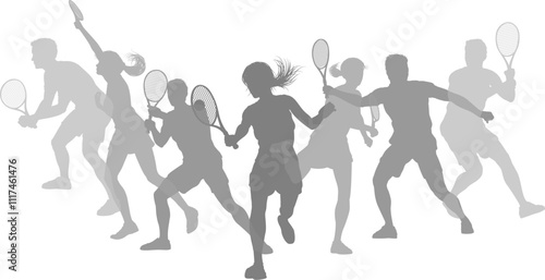 Silhouette Tennis players set. Active sports people healthy players fitness silhouettes concept.