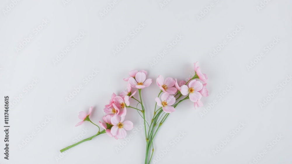 Delicate pink blossoms arranged on a white background, creating a simple yet elegant floral composition.