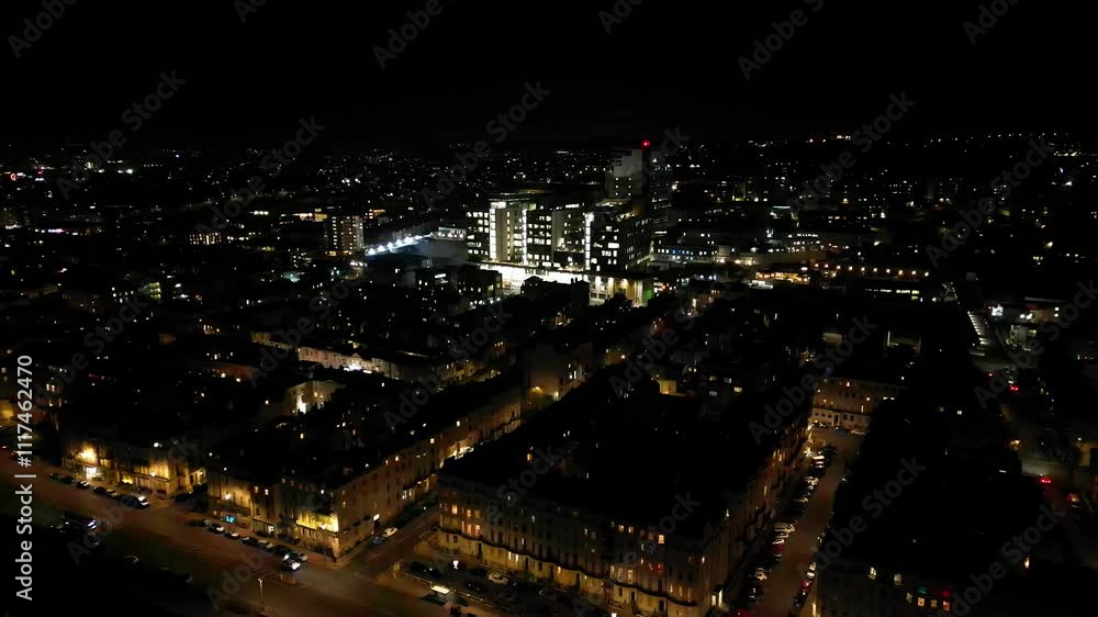 Aerial View of Illuminated Brighton Beach and Ocean City and British Tourist Attraction of East Sussex, England Great Britain During Night. Drone's Camera Footage Captured on December 3rd, 2024 Aerial View of Illuminated Brighton Beach and Ocean City and British Tourist Attraction of East Sussex, England Great Britain During Night. Drone's Camera Footage Captured on December 3rd, 2024