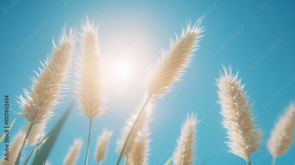 Fluffy grass flowers against a vibrant blue sky, sunlit. Fluffy grass flowers against a vibrant blue sky, sunlit.
