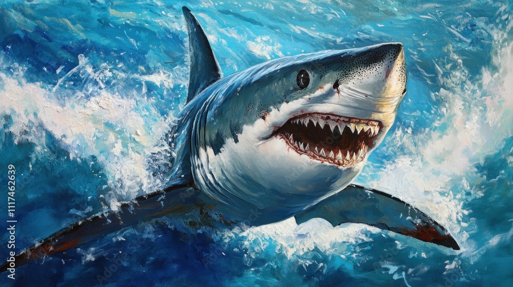 Fototapeta premium Great White Shark Leaping from the Depths