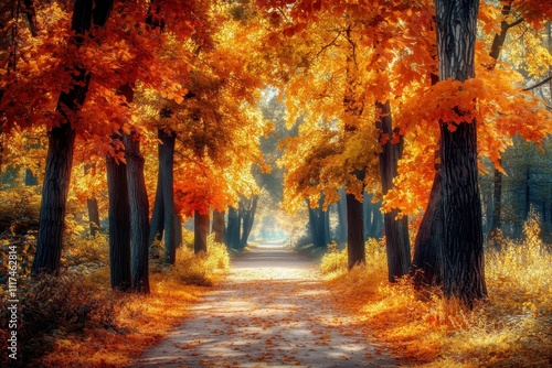 A serene autumn pathway lined with vibrant orange and yellow foliage.