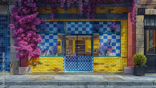Chic storefront with a lively mix of yellow and blue, showcasing a blue and white checkerboard pattern on a brick wall. Enhanced with vibrant purple and pink floral designs