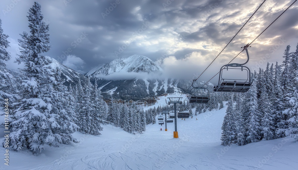 Snow-covered ski resort with chairlifts and mountains in the background. Snow-covered ski resort with chairlifts and mountains in the background.