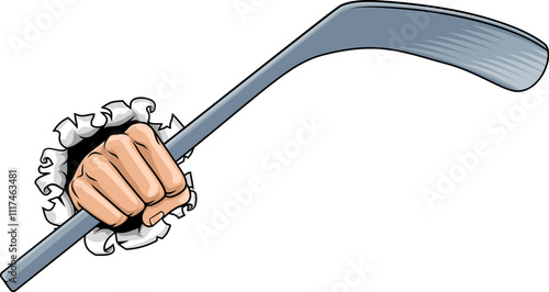 A hand holding an ice hockey stick cartoon design
