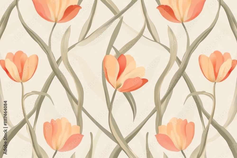 Elegant Tulip Trellis Pattern Featuring Delicate Flowers and Graceful Greenery for Versatile Design Applications in Textiles and Home Decor Elegant Tulip Trellis Pattern Featuring Delicate Flowers and Graceful Greenery for Versatile Design Applications in Textiles and Home Decor