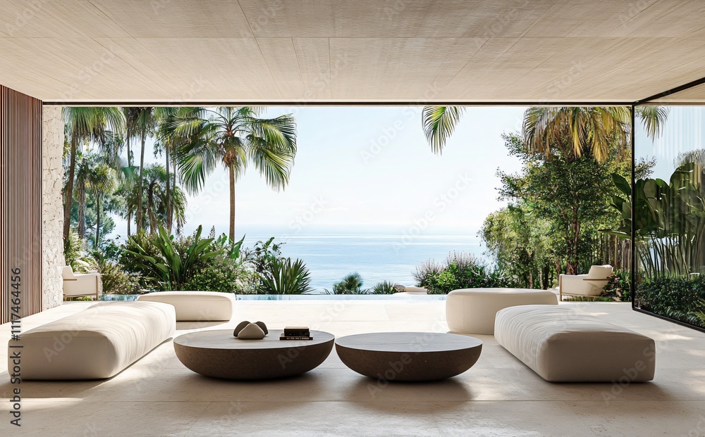 Obraz premium Stunning seaside villa with breathtaking ocean views, offering a luxurious and peaceful retreat, ideal for a seaside hotel or guesthouse experience.