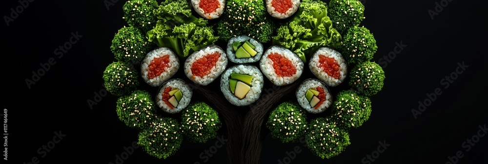 Fototapeta premium A creative tree design made of sushi rolls, broccoli, and lettuce leaves on a dark background