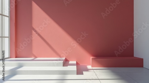 Minimalist interior design featuring a blush pink wall  white steps  and a sunlit corner.