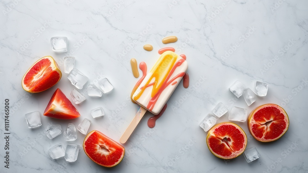 A Melted Popsicle Surrounded by Fresh Citrus Fruit and Ice Cubes on a White Marble Surface A Melted Popsicle Surrounded by Fresh Citrus Fruit and Ice Cubes on a White Marble Surface