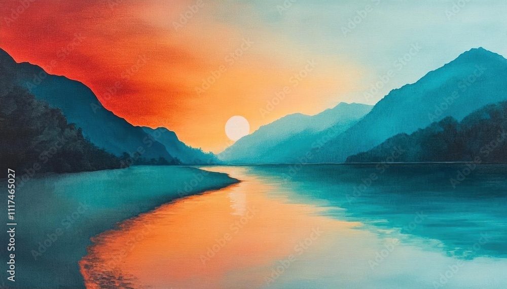 A serene sunset over mountains reflecting in a calm river.