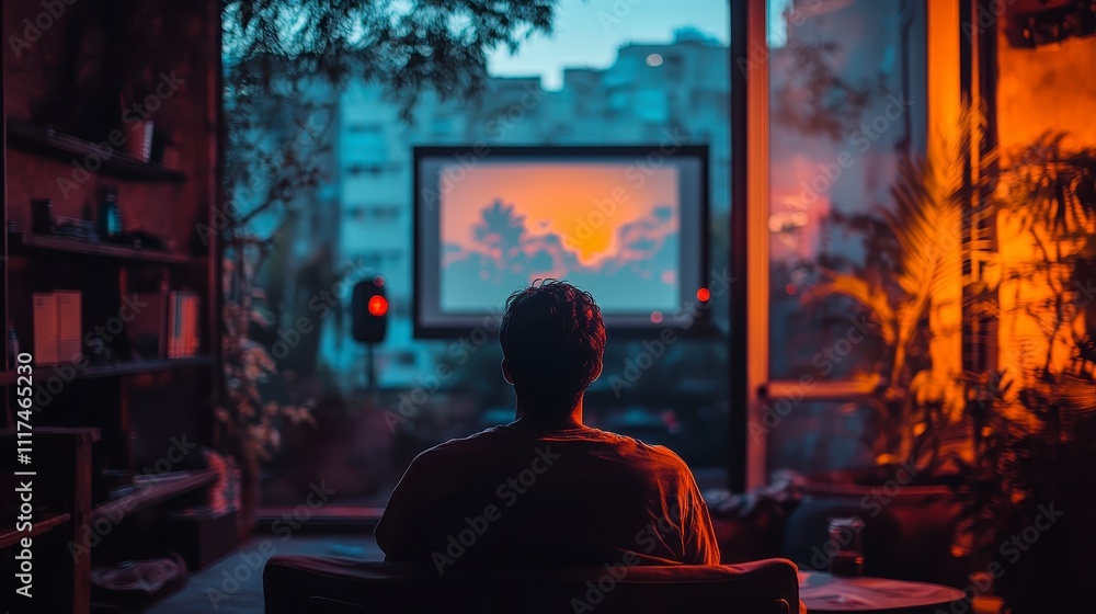 Man Watching Sunset on Large Screen TV in Modern Loft Apartment Man Watching Sunset on Large Screen TV in Modern Loft Apartment