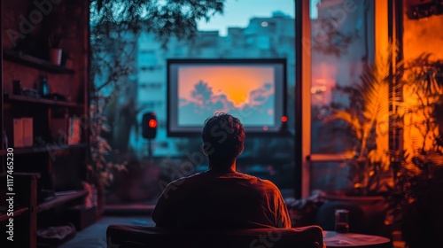 Man Watching Sunset on Large Screen TV in Modern Loft Apartment