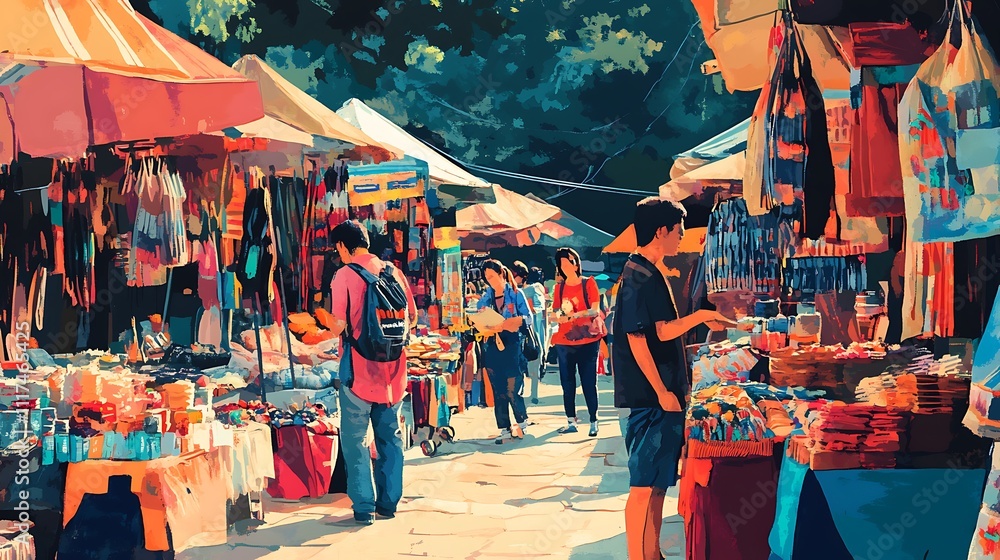 Fototapeta premium Vibrant Street Market Under a Sunny Sky