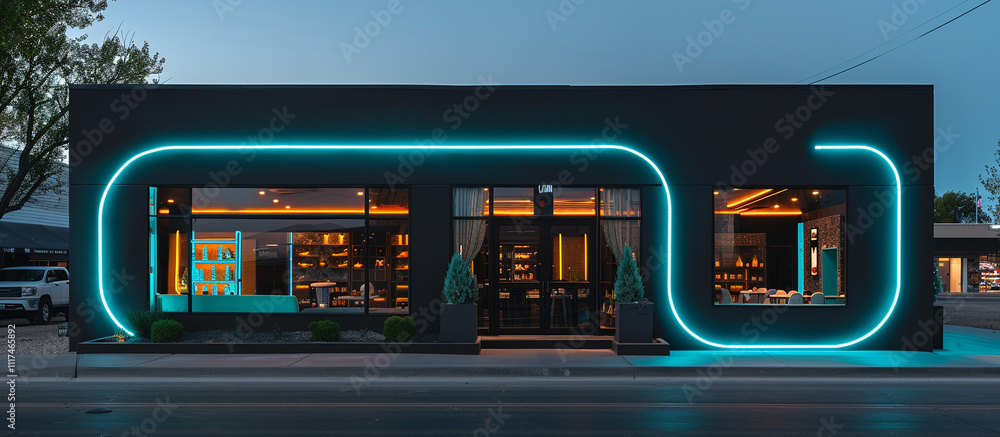 Obraz premium Contemporary boutique featuring a dark charcoal exterior with dynamic neon teal accents. The bright lighting adds a futuristic touch to the urban landscape
