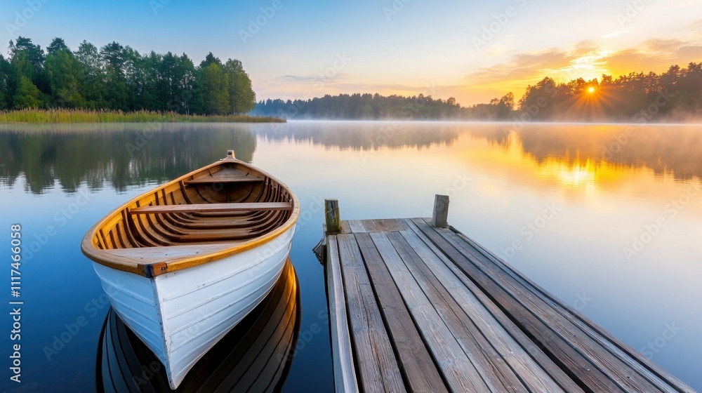 A serene wooden boat docked on a calm lake, with misty reflections and a glowing sunrise behind lush forest trees. A serene wooden boat docked on a calm lake, with misty reflections and a glowing sunrise behind lush forest trees.