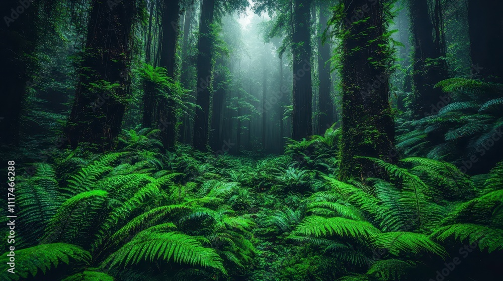 Fototapeta premium Lush Green Rainforest Path Ferns Trees Misty Forest Nature Photography