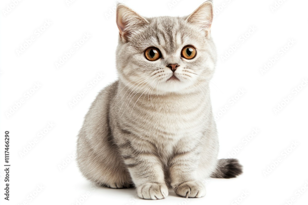 A charming portrait of a silver tabby British Shorthair cat sitting gracefully with its head tilted slightly, emphasizing its playful yet curious demeanor. The cats thick A charming portrait of a silver tabby British Shorthair cat sitting gracefully with its head tilted slightly, emphasizing its playful yet curious demeanor. The cats thick